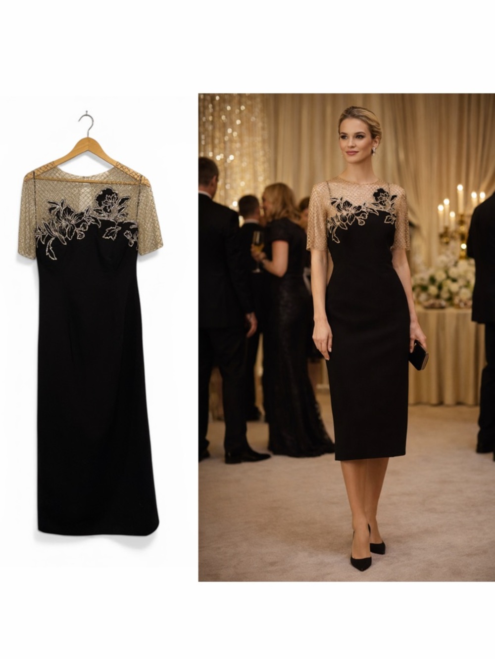 Oscar de la Renta Black Sheath Dress Beaded Flower 6 Formal Wedding Guest New 🟡